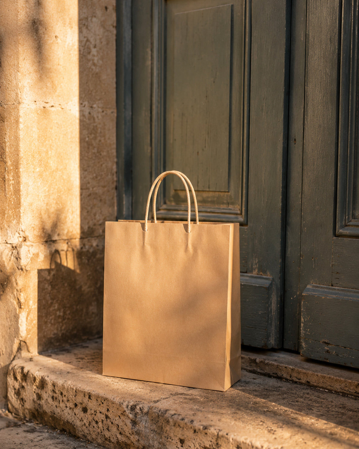 A plain kraft bag left on a Maltese limestone doorstep in the evening