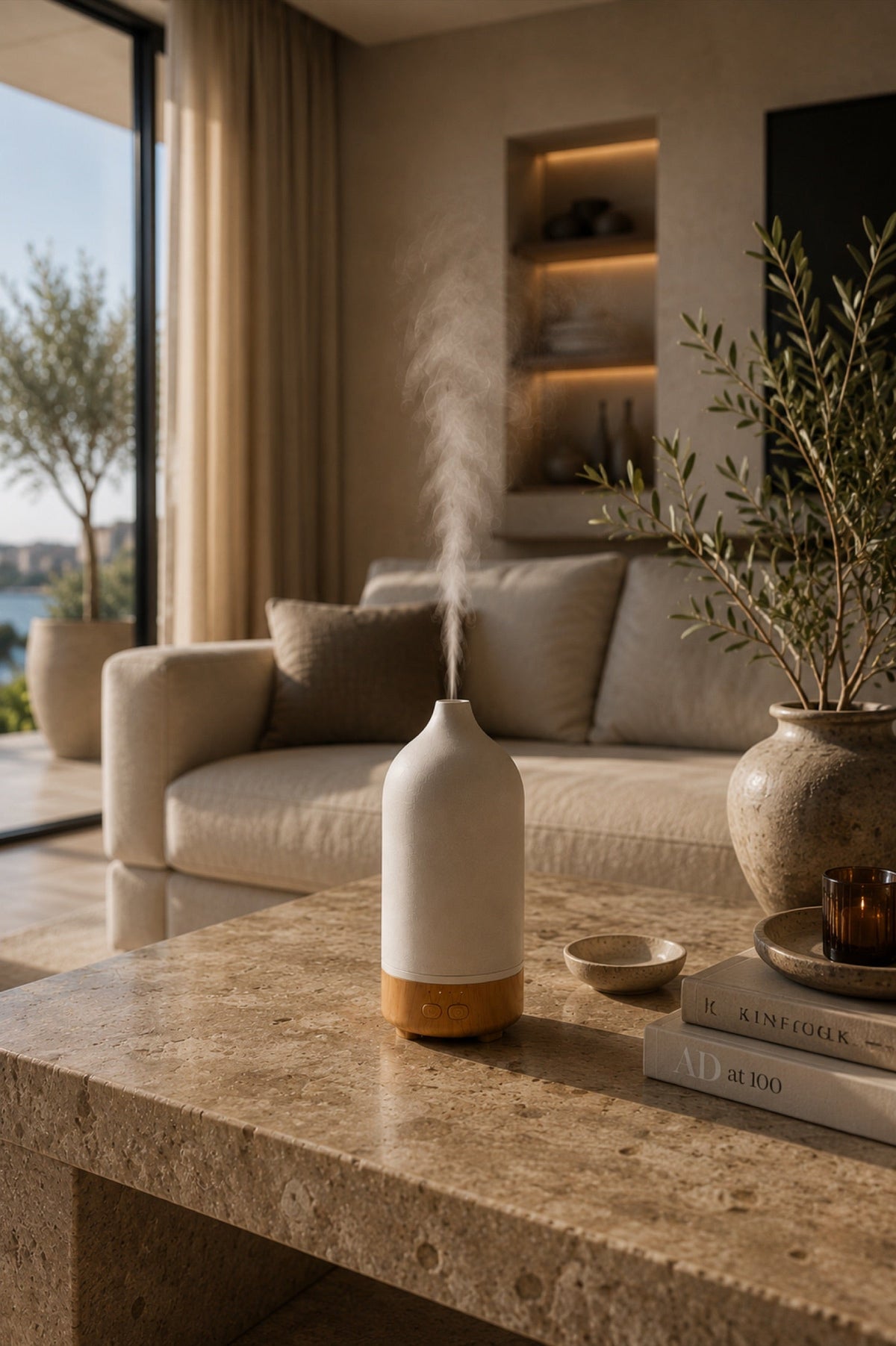 The set in use on a stone coffee table, olive tree and open terrace behind it