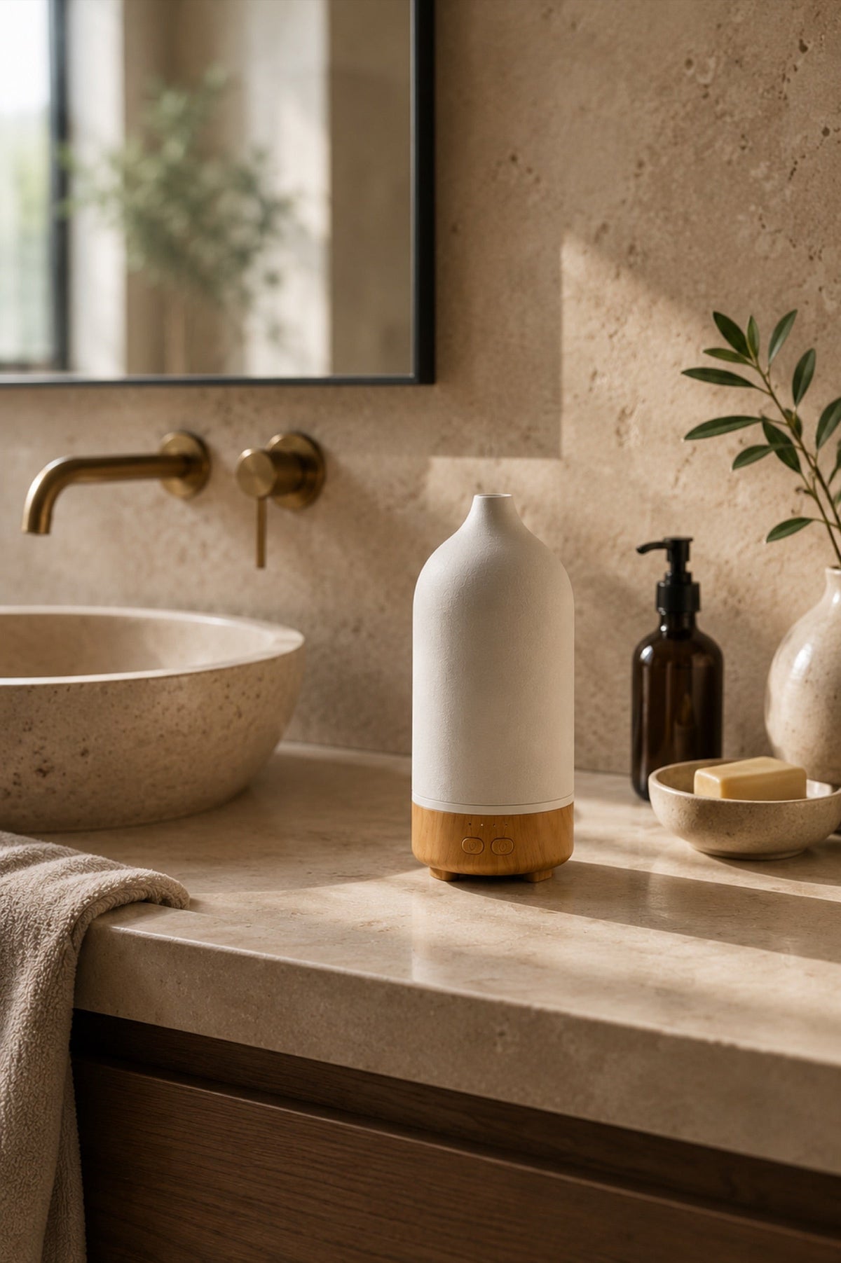 The set in use on a travertine bathroom counter