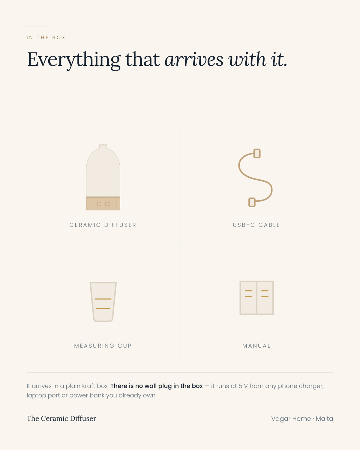 In the box: the ceramic diffuser, a USB-C cable, a measuring cup and the manual